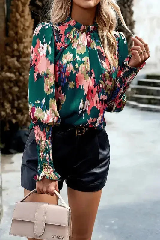 Green Abstract Blouse - Smocked Cuffs Frilled Neck-3